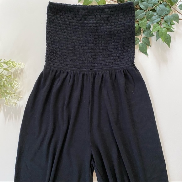 Strapless Smocked Wide Leg Jumpsuit in Black - Picture 1 of 4